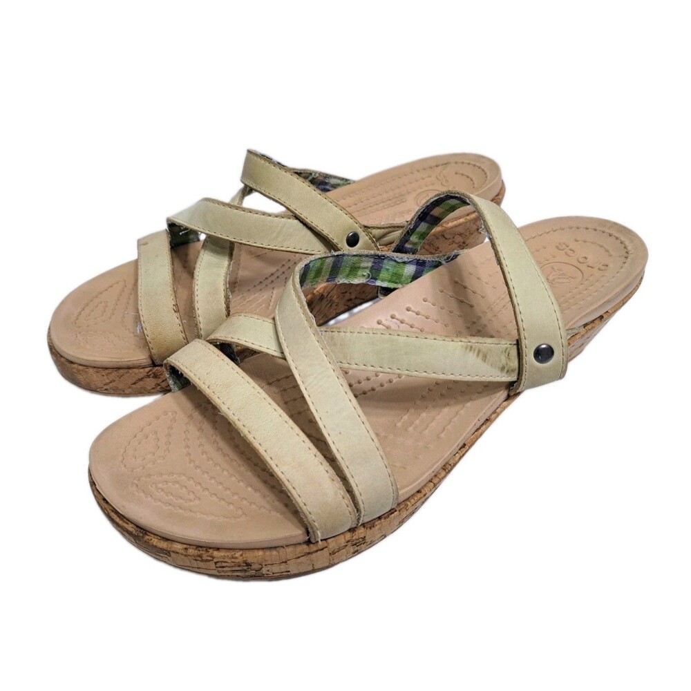 Crocs A-leigh Women's 9 Wedge Sandals Brown Leather Cork Strappy